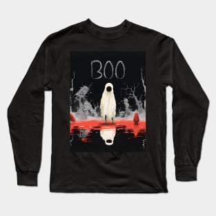 Halloween Boo 2: The White Sheet Ghost with Red Eyes Said "Boo" on a Dark Background Long Sleeve T-Shirt